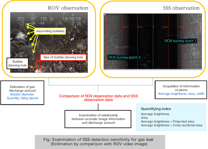 Fig.: Examination of SSS detection sensitivity for gas leak (Estimation by comparison with ROV video image)